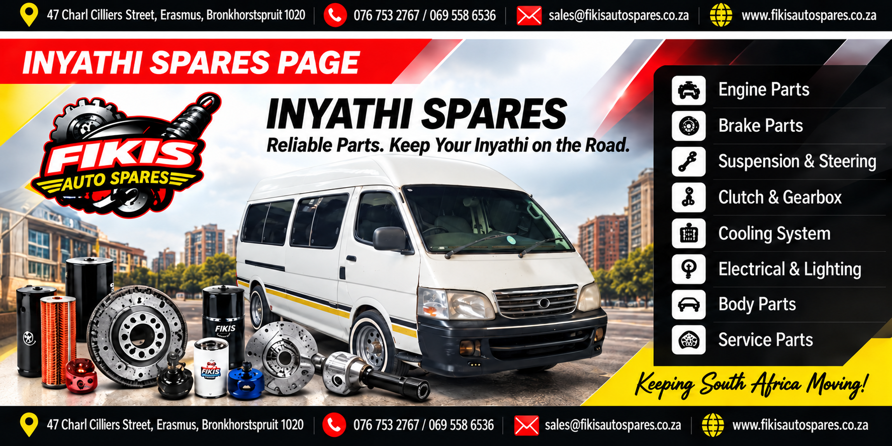 FIKIS AUTO SPARES Inyathi spares banner featuring a white Inyathi taxi